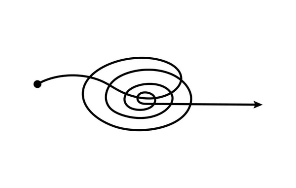 Spiralförmiger Freihandkritzelpfeil mit gebogenem Rundweg, der von einem Punkt in die andere Richtung führt — Stockvektor