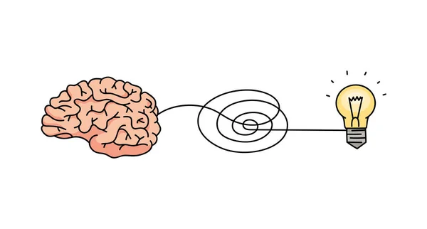 Creative thinking - brain icon connected to new idea lightbulb symbol with freehand spiral line — Stockový vektor