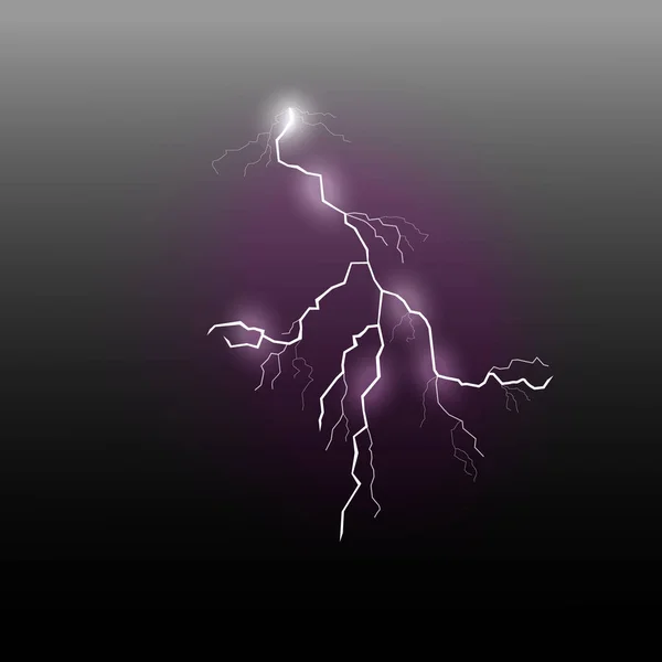 A flash of purple lightning with a glow effect on a dark background. — Stok Vektör