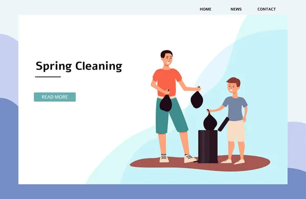 Spring cleaning - banner or landing page with characters flat vector illustration. — ストックベクタ
