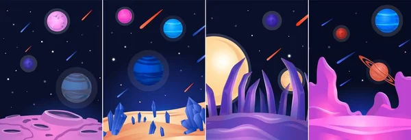 Conjunto de cartazes de paisagem espacial - planeta alienígena colorido no céu noturno galáxia escura —  Vetores de Stock