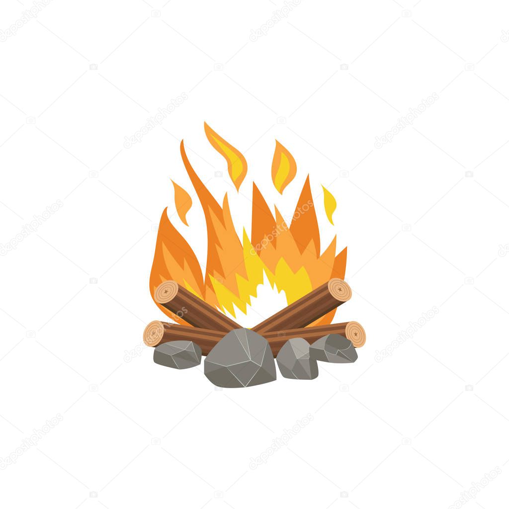 Cartoon bonfire or tourist summer campfire flame vector illustration isolated.
