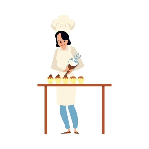 Chef de pastelaria de desenhos animados colocando cereja no cupcake - mulher no uniforme de cozinheiro —  Vetores de Stock