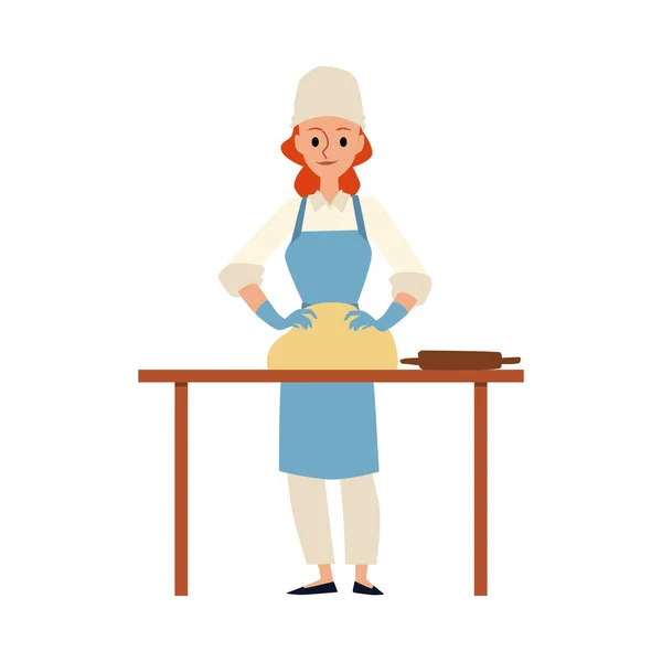 卡通烘培师跪着面团女厨师，戴着厨师帽，围裙，站在桌旁 — 图库矢量图片