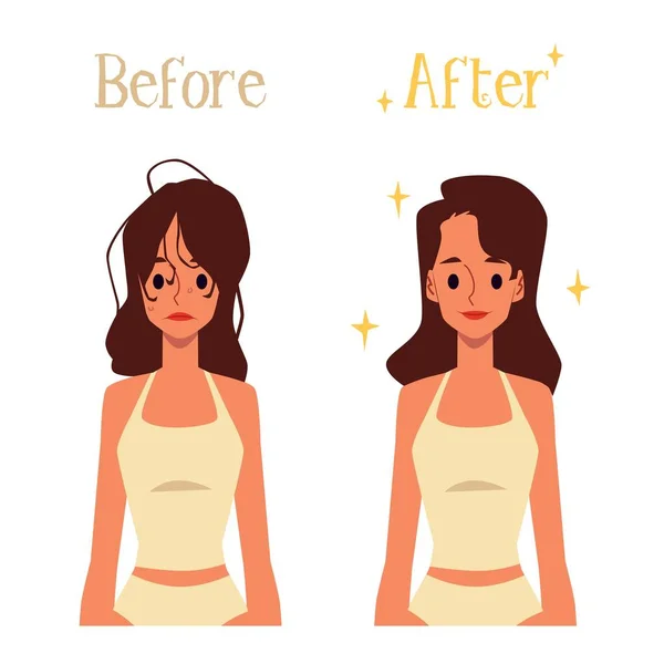 До і після волосся ранкова рутина, мультяшна жінка з поганою і хорошою зачіскою — стоковий вектор