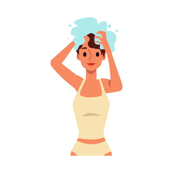 Mulher dos desenhos animados lavar o cabelo com shampoo - ilustração vetorial plana isolada — Vetor de Stock