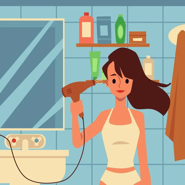 Dessin animé femme séchant ses cheveux avec sèche-cheveux électrique dans la salle de bain intérieure — Image vectorielle