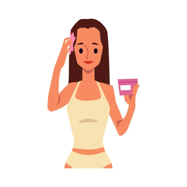 Woman applying pink hair conditioner from a jar - flat vector illustration. — Stock Vector