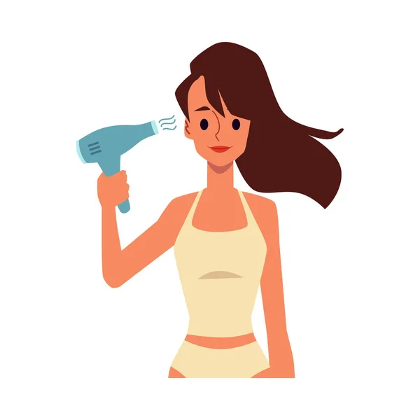 Femme fait coiffage avec sèche-cheveux, illustration vectorielle dessin animé plat isolé . — Image vectorielle