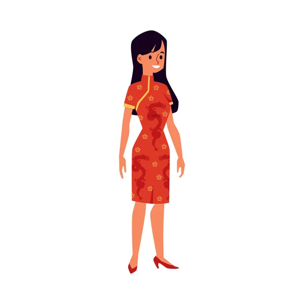 Jolie femme en robe rouge traditionnelle chinoise illustration vectorielle plate isolé . — Image vectorielle