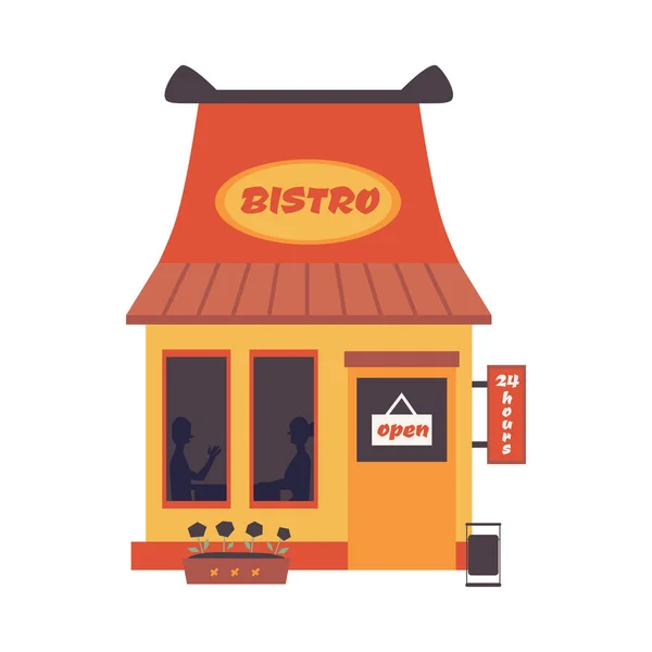 Fassade eines Cartoon-Bistros mit offenem Schild - Fassade eines Schnellrestaurants — Stockvektor