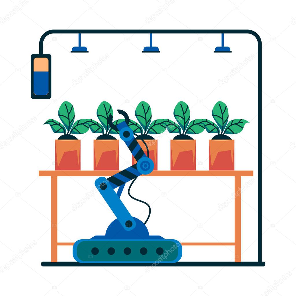 House plant care robot with robotic arm in greenhouse with potted plants