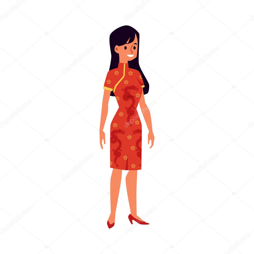 Pretty woman in chinese traditional red dress flat vector illustration isolated.