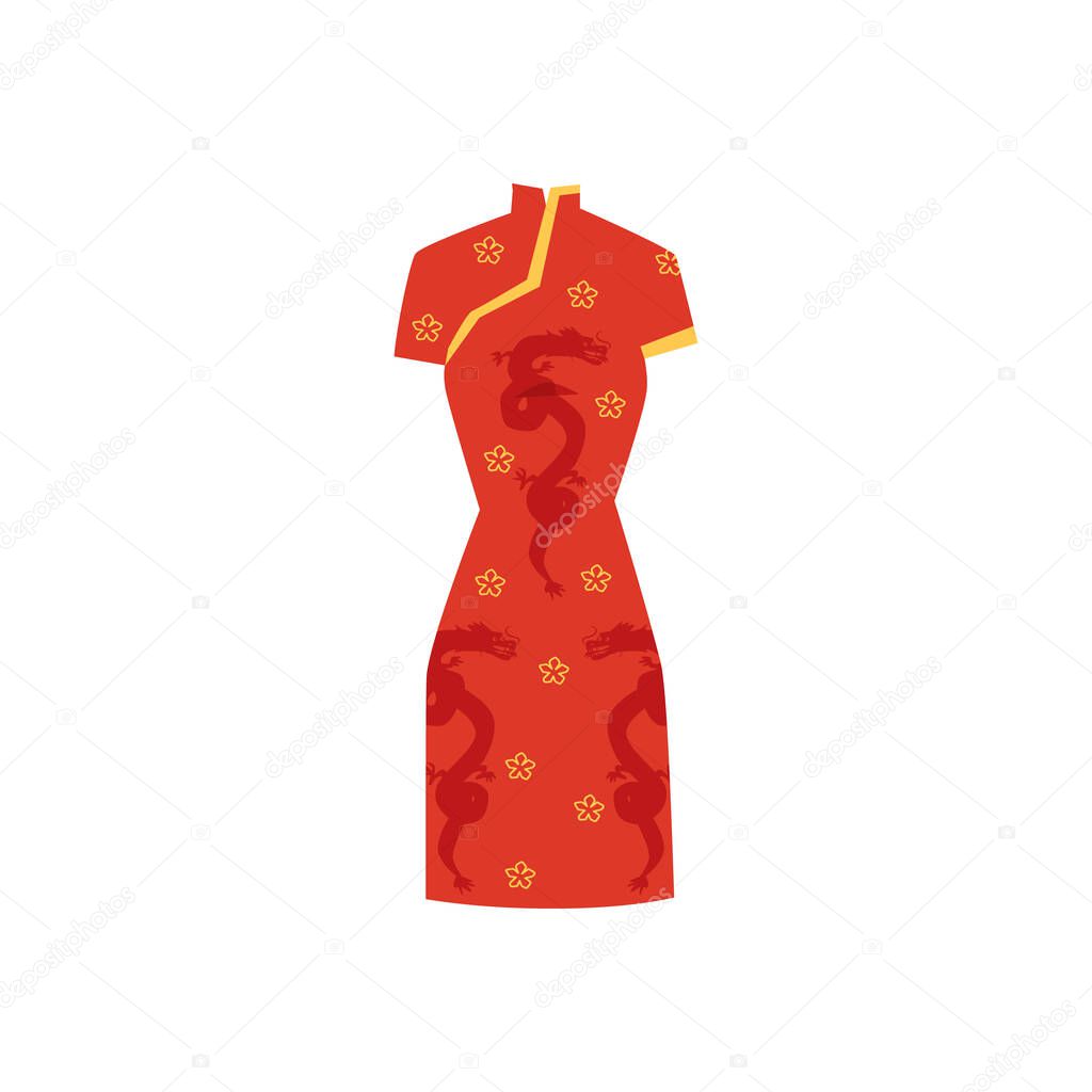 Chinese red dress ornate with flowers and dragons vector illustration isolated