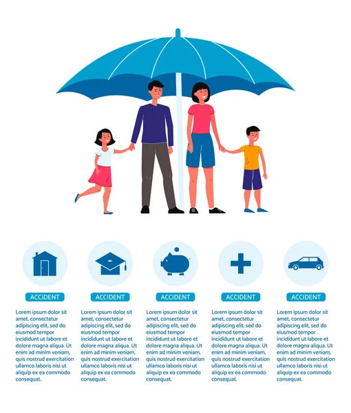 Family insurance poster - cartoon people with children standing under umbrella.