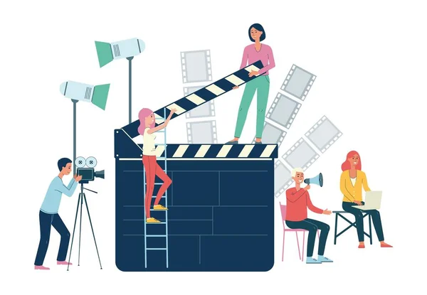 Equipo de producción de películas con equipo profesional - banner plano aislado — Vector de stock