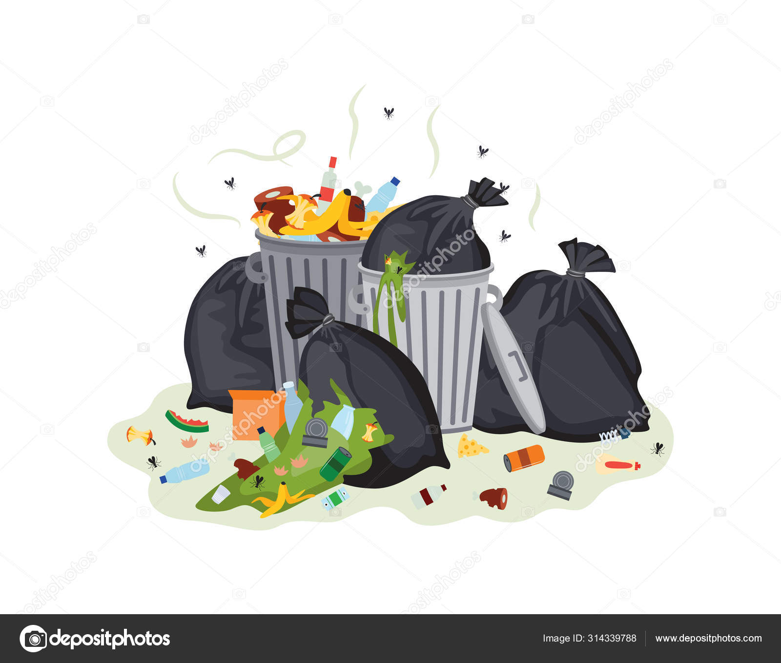 Garbage bags and waste cans stinking flat cartoon vector illustration