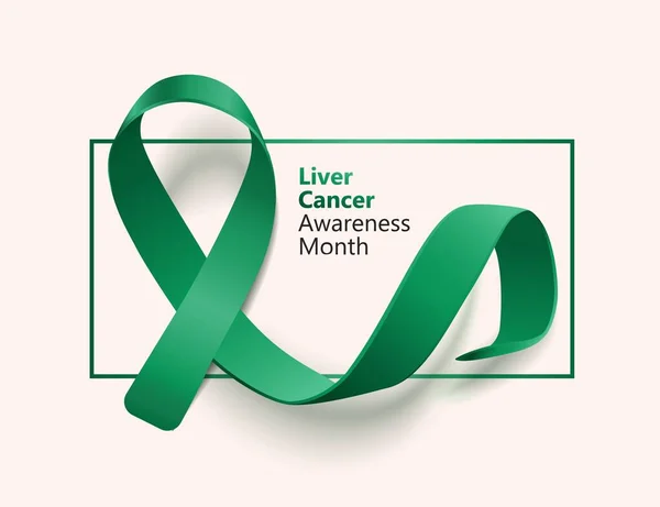 Leberkrebs Bewusstsein Monat Banner mit smaragdgrünen realistischen Schleife — Stockvektor