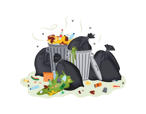 Bolsas de basura y latas de basura apestosa ilustración plana vector de dibujos animados aislados . — Vector de stock