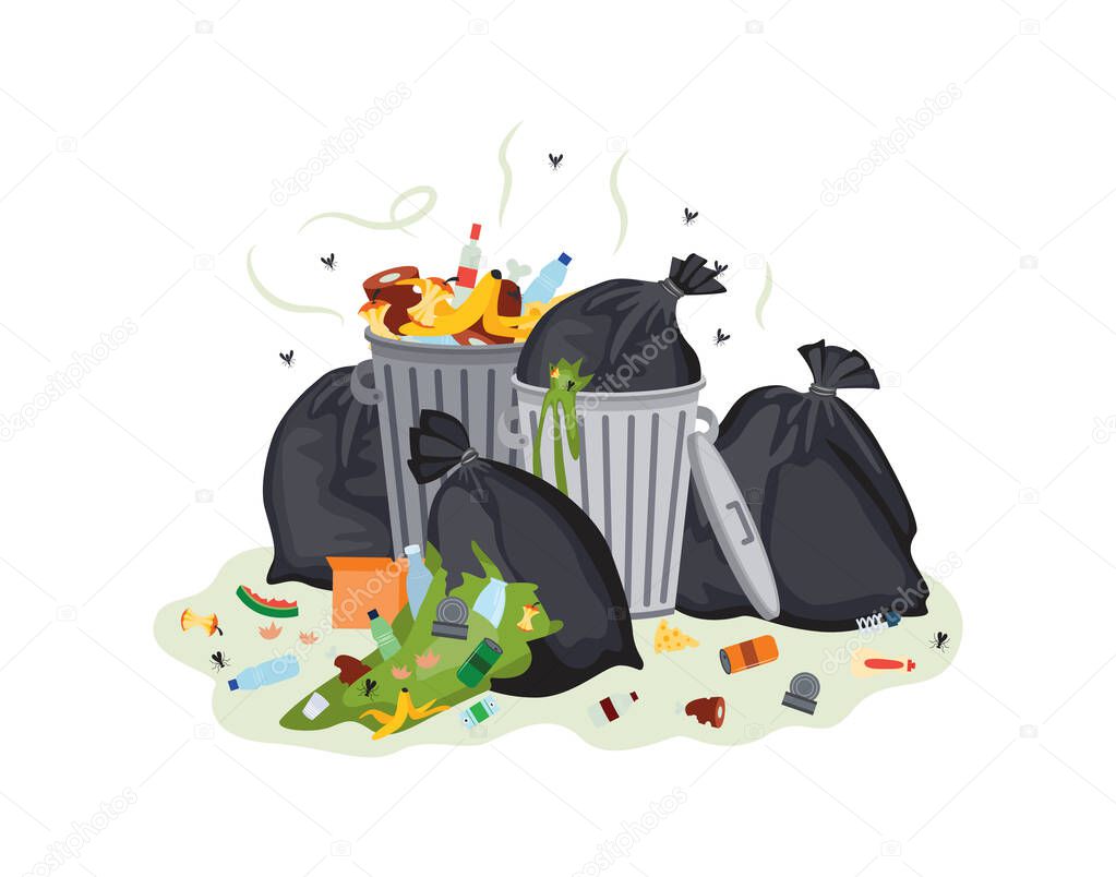 Garbage bags and waste cans stinking flat cartoon vector illustration isolated.