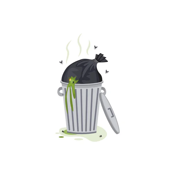 Traboccante bidone della spazzatura con immondizia piatto fumetto vettore illustrazione isolato . — Vettoriale Stock