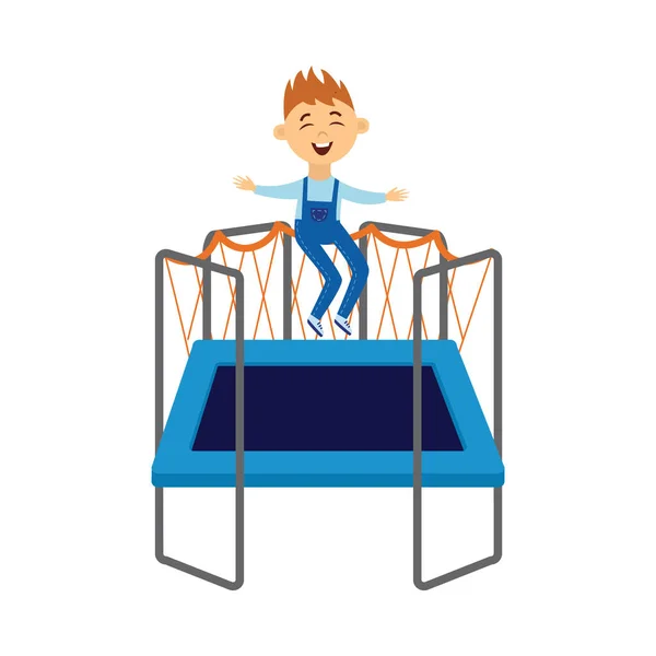 Schattig kind springen op trampoline met plezier platte vector illustratie geïsoleerd. — Stockvector