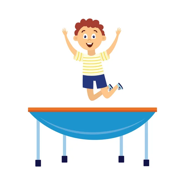 Happy little boy bouncing on blue trampoline - cartoon child jumping in air — Stok Vektör