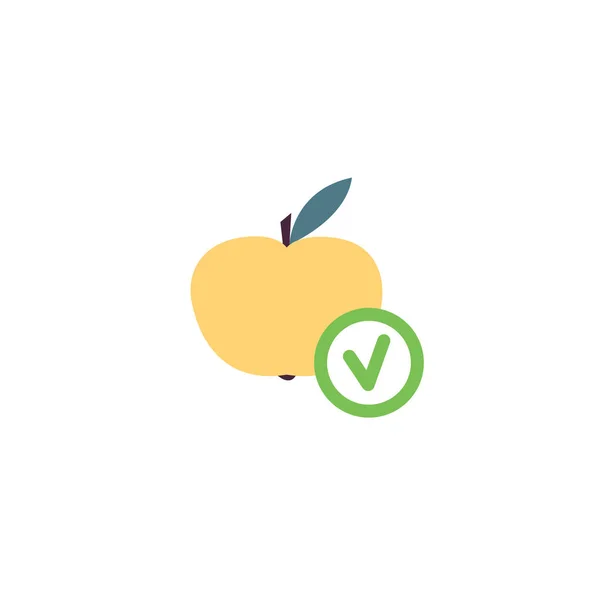 緑のチェックマークフラットベクトルイラストと新鮮な黄色のリンゴを隔離. — ストックベクタ