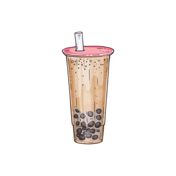 Bubble tea cocktail with tubule and tapiola sketch vector illustration isolated. — Stock Vector