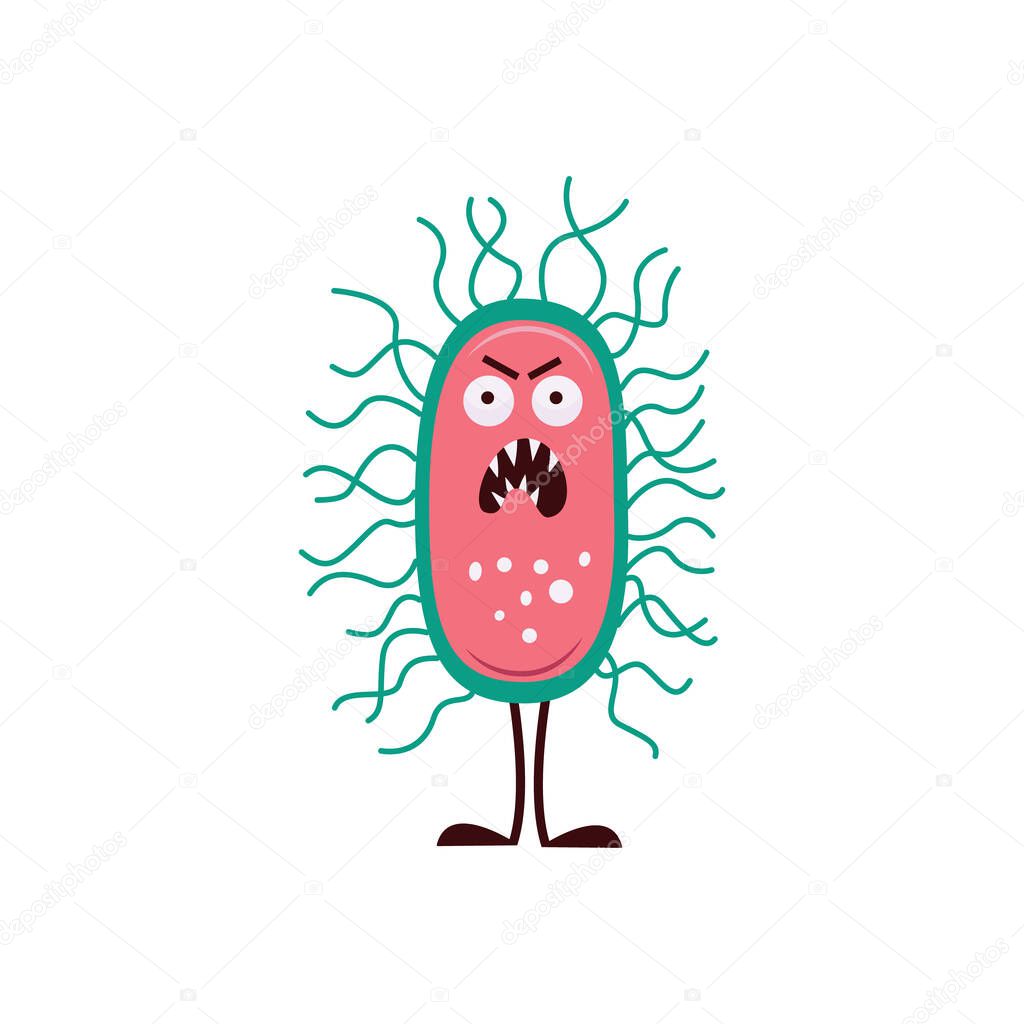 Bacteria monster with angry face, cartoon flat vector illustration isolated.