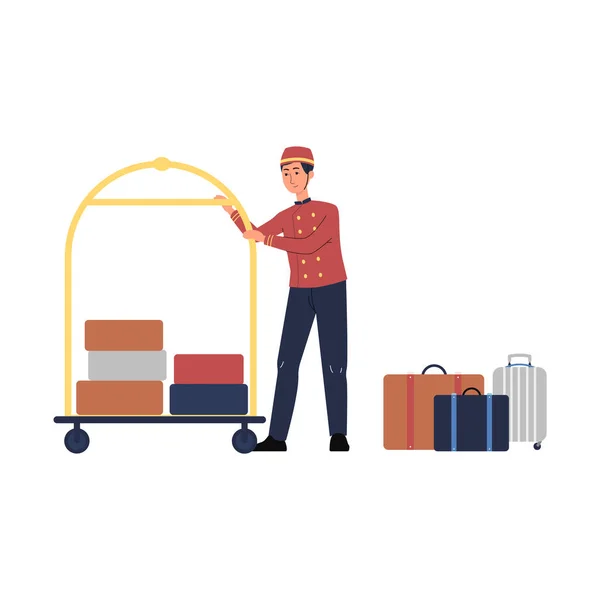 Porter man character with luggage trolley flat vector illustration isolated. — Stock Vector