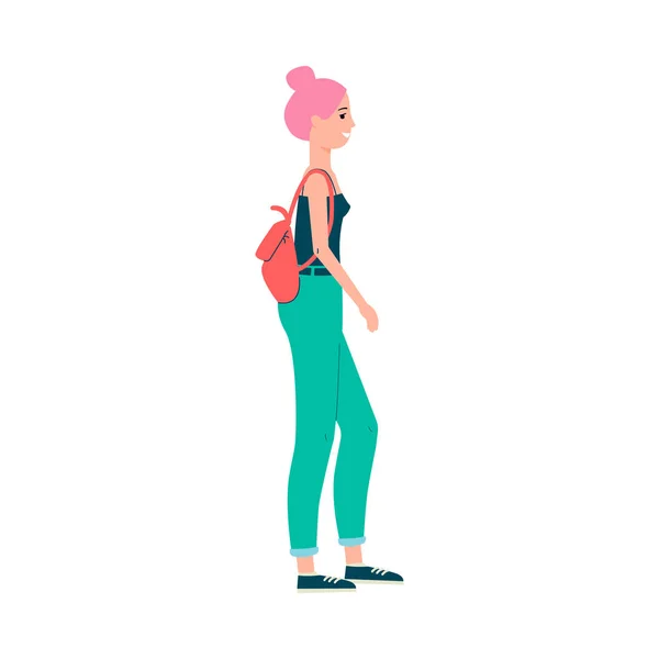 Chica joven moderna caminando con mochila plana vector ilustración aislado . — Vector de stock