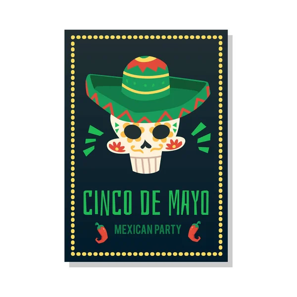シンコ・デ・メイ-メキシコの休日のお祝いパーティーフライヤーで塗装頭蓋骨でsombrero — ストックベクタ