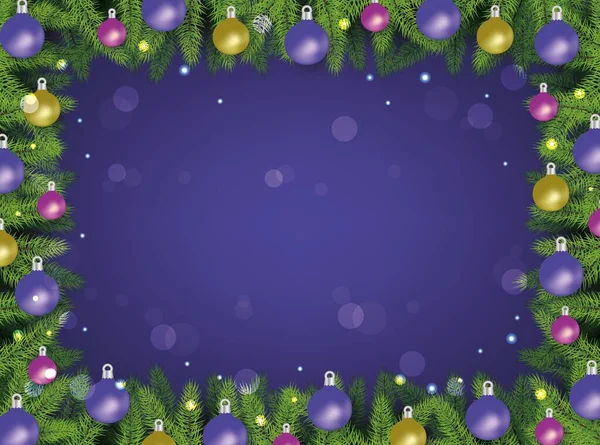 Ilustración de vector de marco de Navidad en violeta con fondo efecto bokeh . — Vector de stock