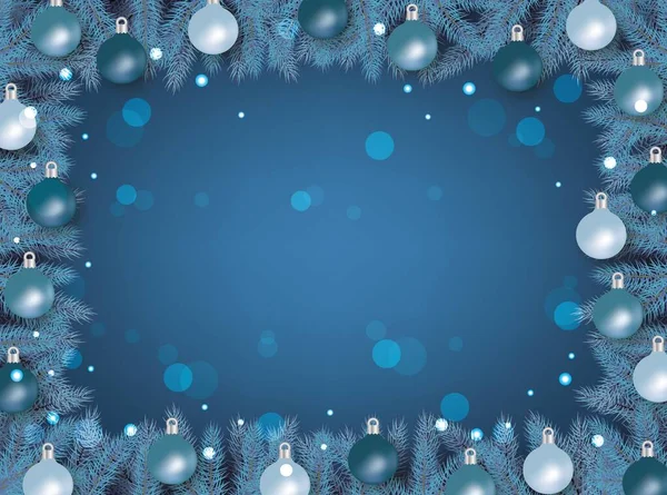 Blauer Weihnachtsbaumrahmen mit verschwommenem Bokeh-Effekt Hintergrund. — Stockvektor