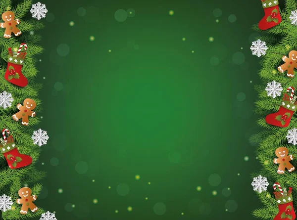 Groene kerstachtergrond met realistische boomtakken en peperkoekje — Stockvector