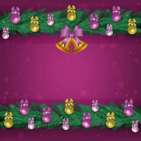 Banner de Navidad con guirnaldas de abeto, bolas de Navidad y campanas sobre fondo púrpura . — Vector de stock
