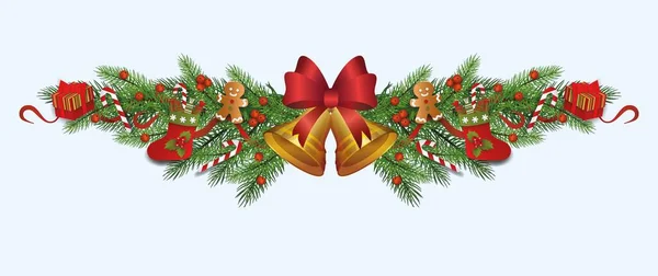 Borde decorativo de Navidad adornado hecho de ramas de abeto con bel de oro — Vector de stock