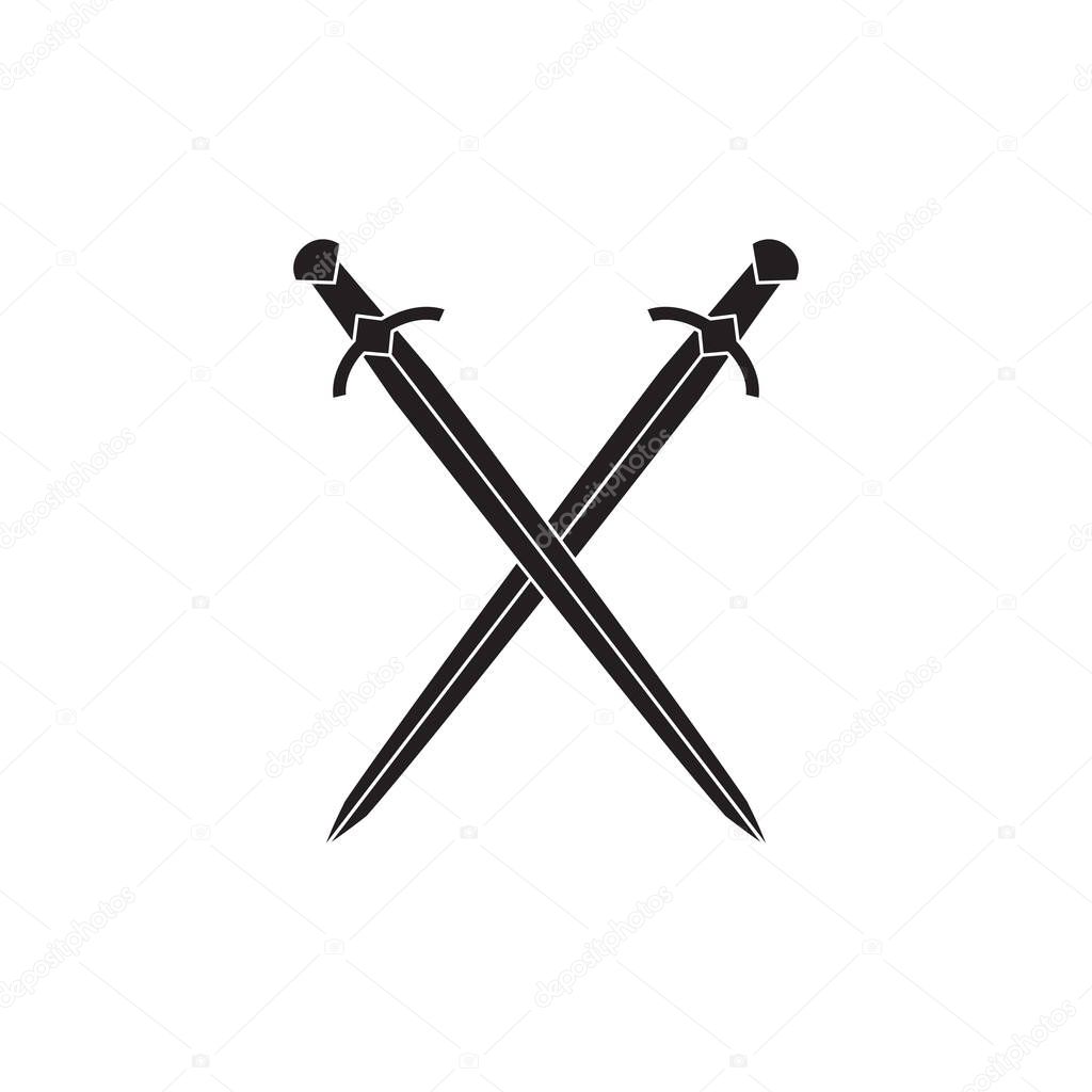Two crossed blades of sabers or knight swords black vector illustration isolated.