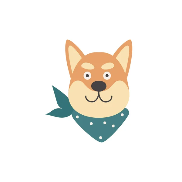 Cute shiba inu głowa psa z zielonym szalikiem bandana - płaska kreskówka zwierzę twarz — Wektor stockowy