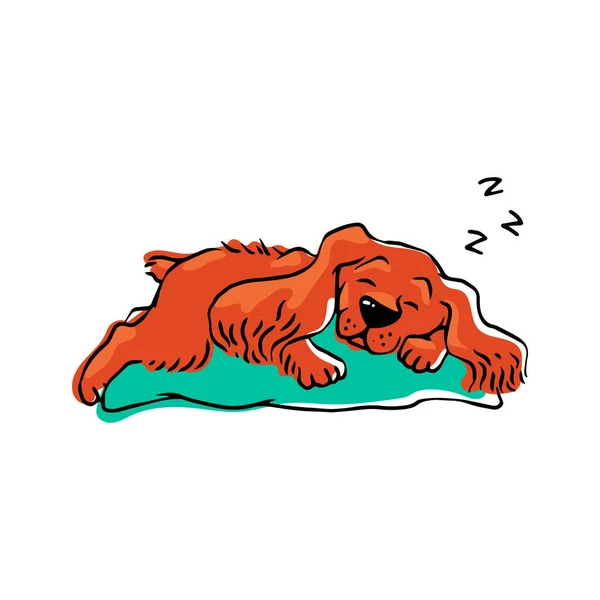 Roztomilý pejsek spící na polštáři. Ručně kreslené kreslené oranžové zvíře. — Stockový vektor