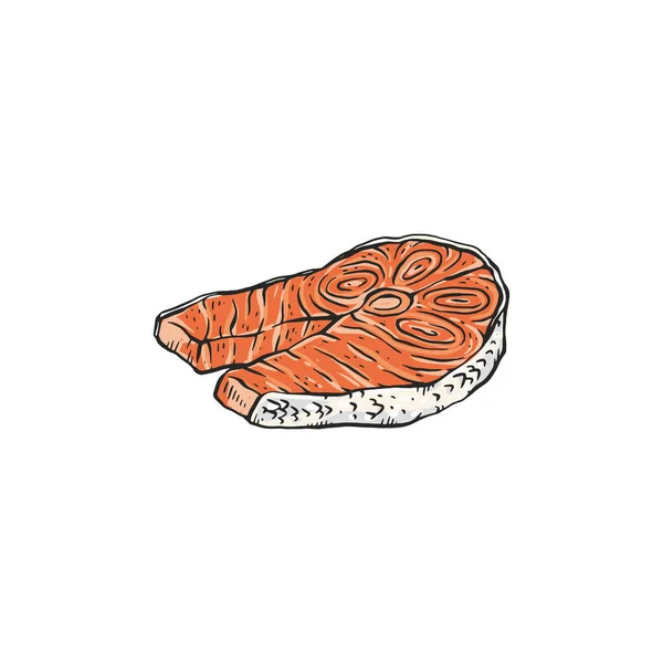 Bistecca di salmone o pezzo di filetto di pesce rosso schizzo vettore illustrazione isolato . — Vettoriale Stock