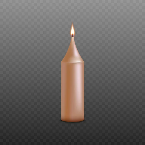 Золотая розовая свеча с горящим фитилем изолированы на прозрачном фоне — стоковый вектор