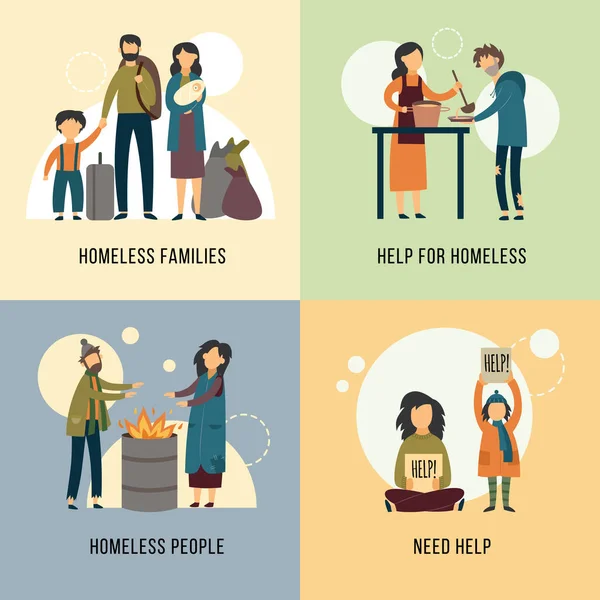 Help for homeless banners set with hungry beggars flat vector illustration. — Stock Vector