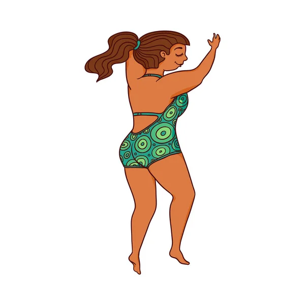 Desenhos animados mulher confiante em maiô verde saltando em algum lugar —  Vetores de Stock