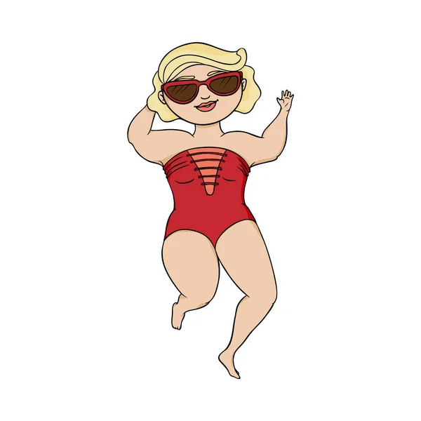 Bella bionda bianca plus size donna grassa in costume da bagno e occhiali da sole rossi . — Vettoriale Stock