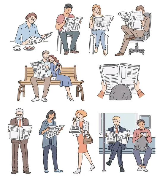 Mensen lezen krantenset van vector cartoon mannen en vrouwen beelden geïsoleerd op wit. — Stockvector