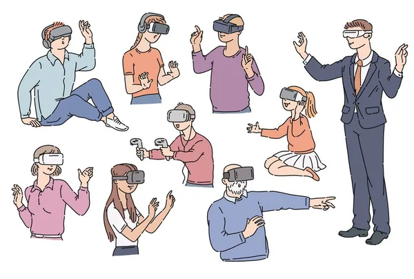 Um conjunto de pessoas usando óculos e um capacete de realidade virtual, um dispositivo digital para jogar um jogo . — Vetor de Stock