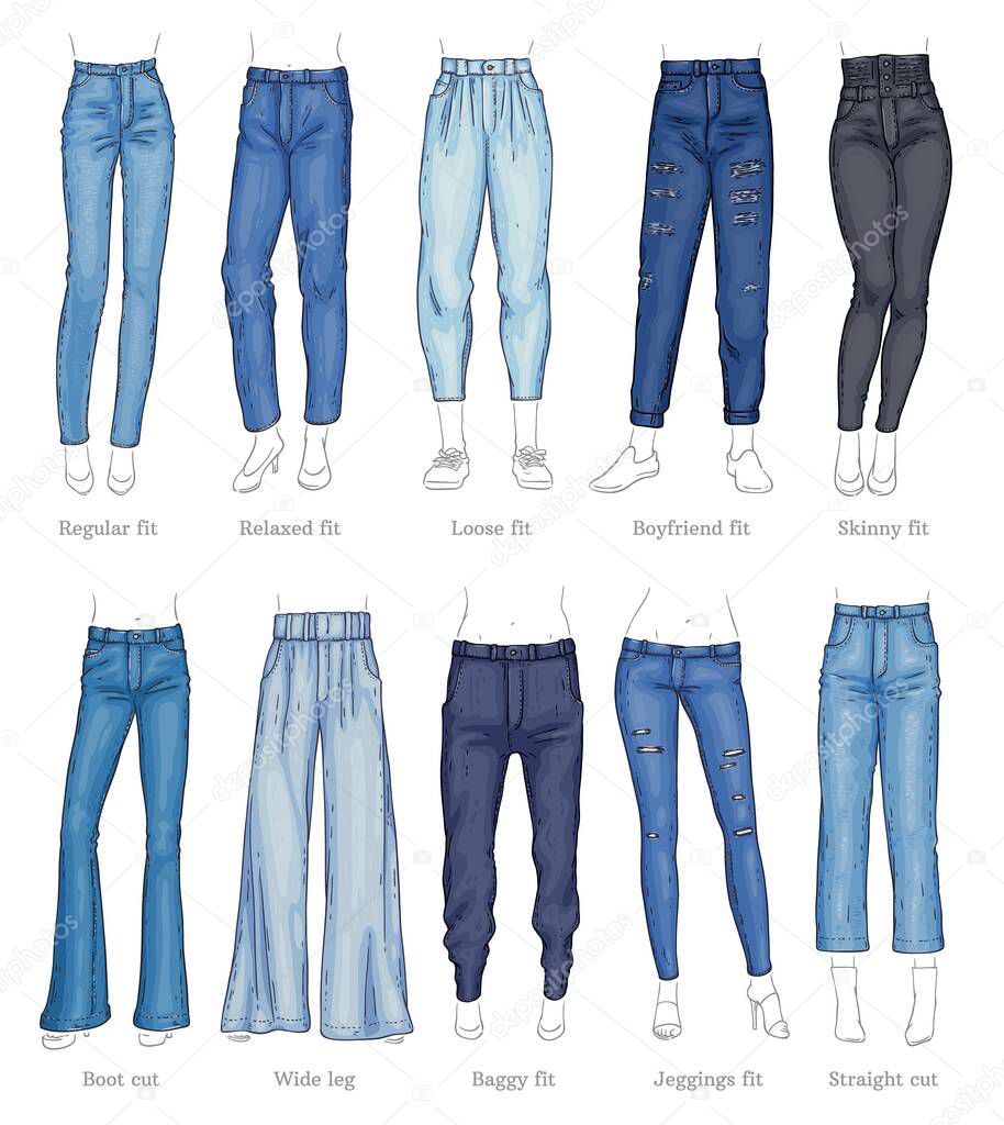 Set of female jeans models and their names sketch style
