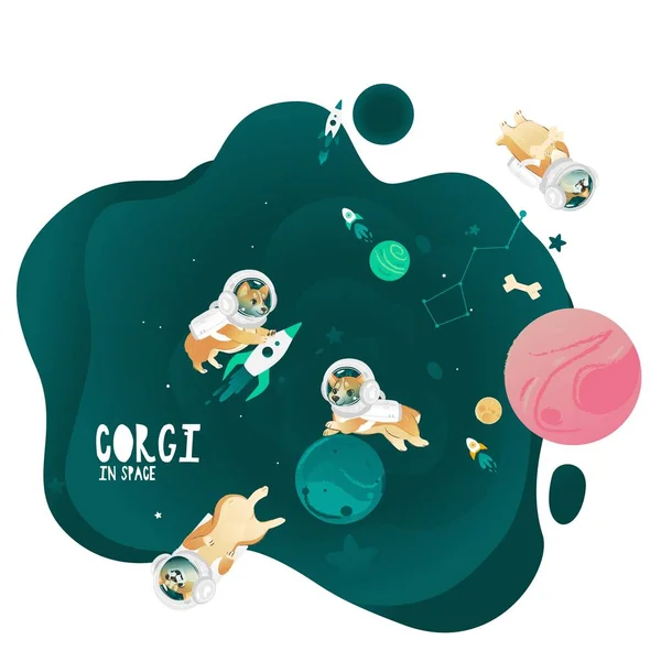 Aranyos corgi kutyák az űrruhák repülnek a világűr vektor illusztráció. — Stock Vector